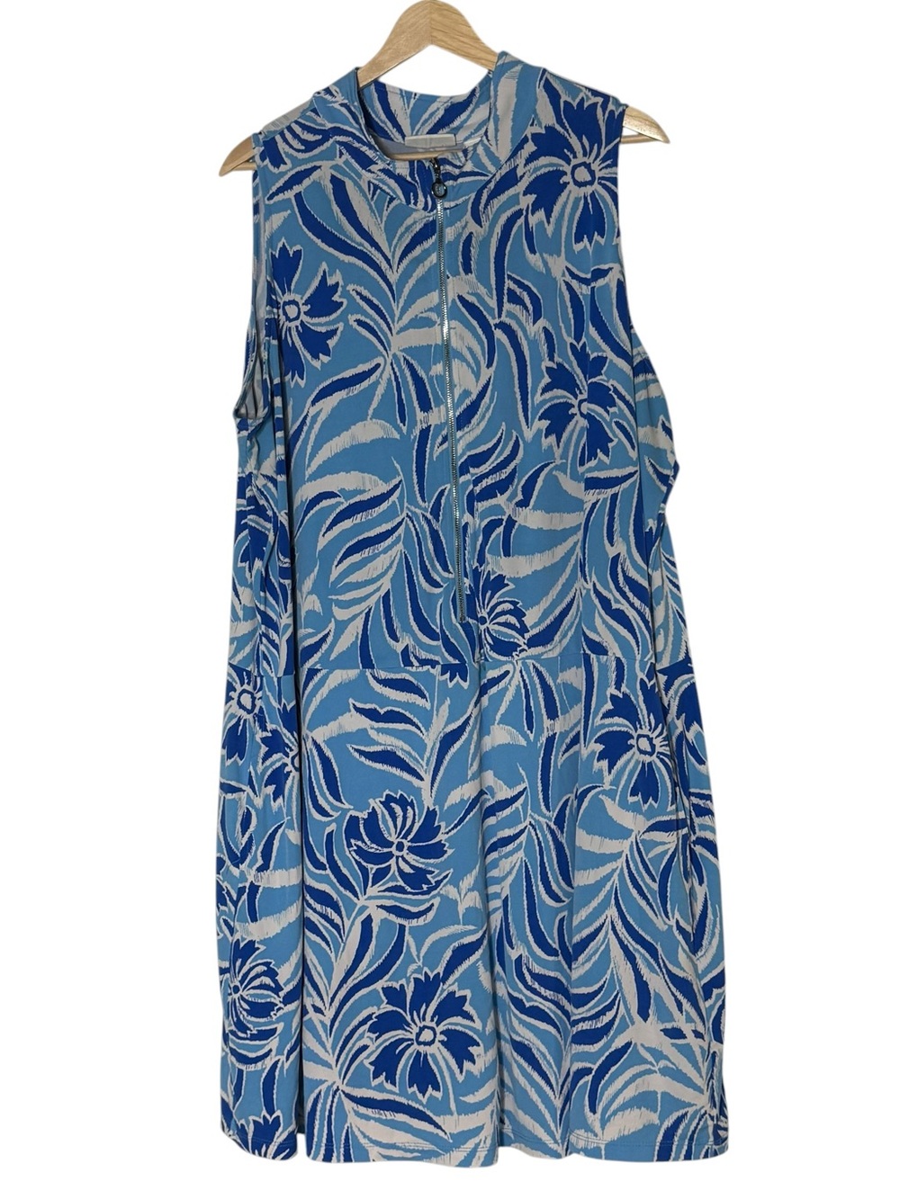 Susan Graver Abstract Stretch Jersey knit Half Zip Blue and White Dress Size 2X